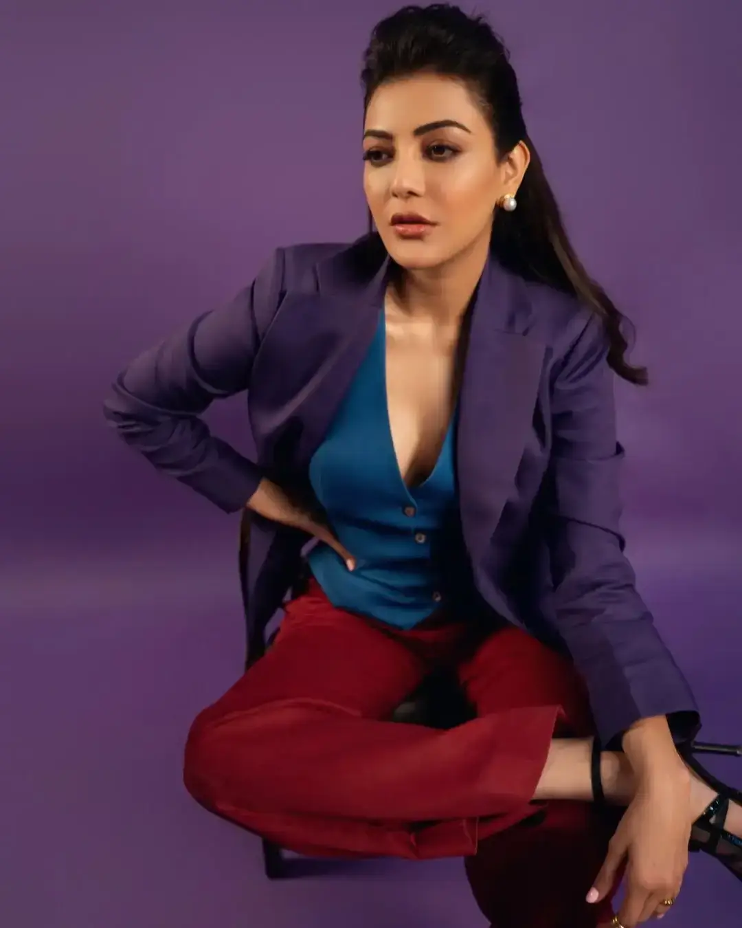 Indian Actress Kajal Agarwal in Marron Pant Blue Shirt